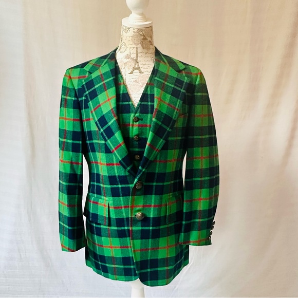 SOLD. 2-Piece Vintage Blazer Vest green Plaid Wool D’Camm, Ltd. Hamden Medium - Picture 11 of 11